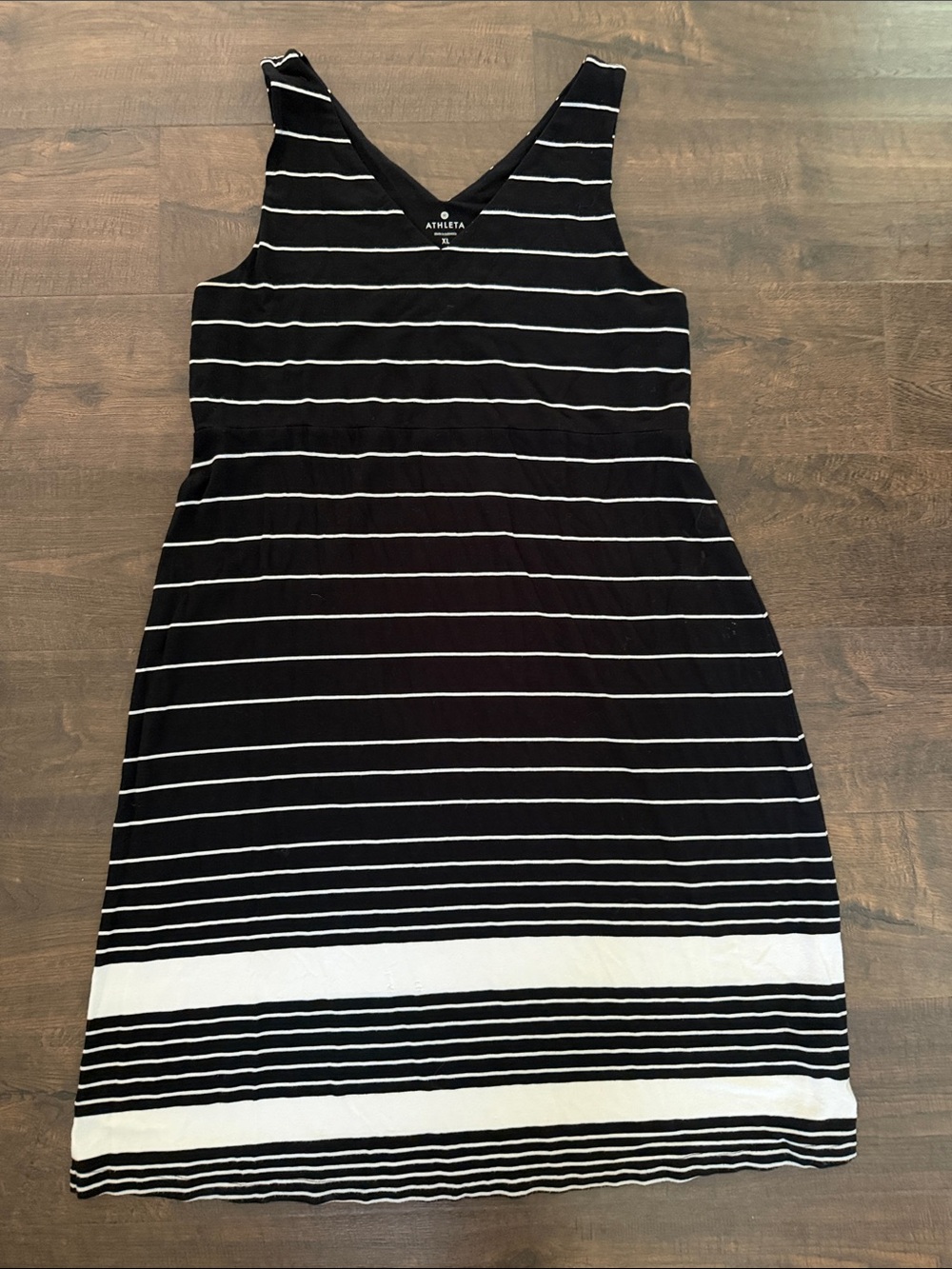 Athleta Black and White Striped V-Neck Midi Dress